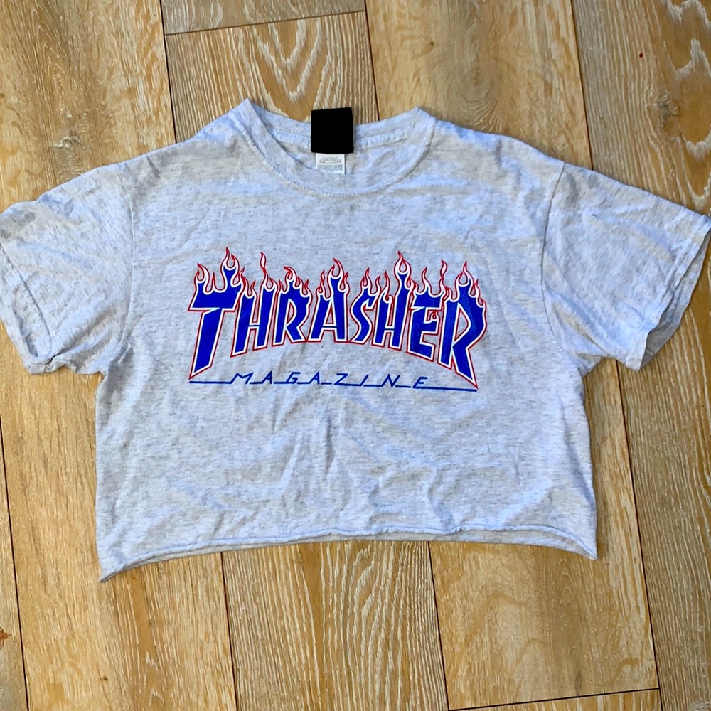 Light grey with blue/red logo cropped tee